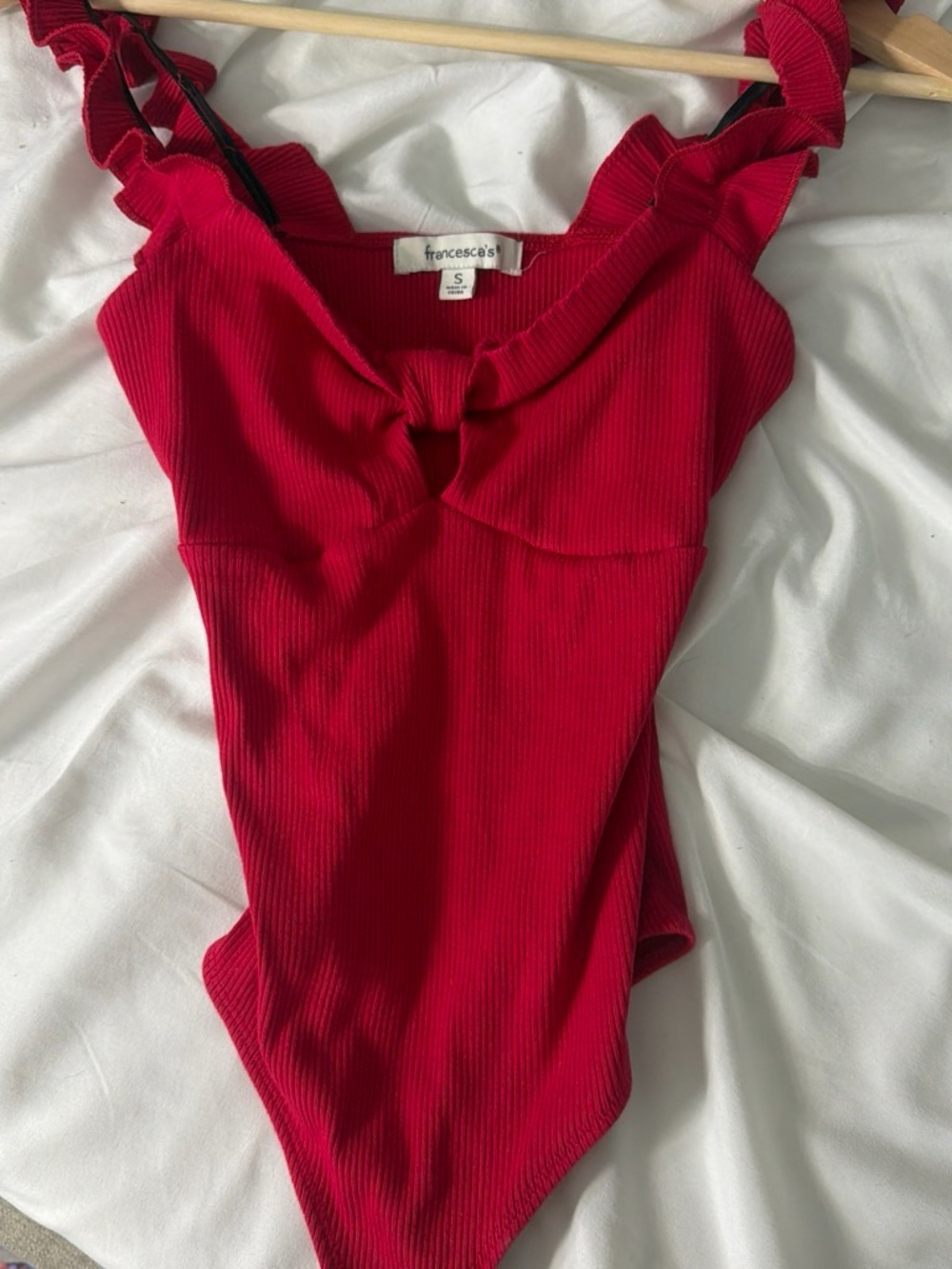 Francesca's Red Ribbed Twist-Front Ruffle-Strap Bodysuit